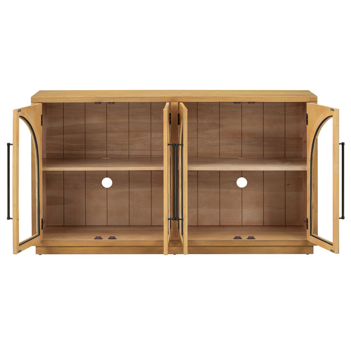 TREXM 4-Door Large Storage Sideboard Buffet Cabinet with Glass Doors, Arched Cabinet with Adjustable Shelves for Kitchen, Dining Room and Living Room (Natural Wood)