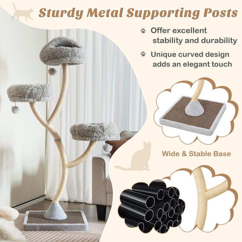 70" Tall Cat Tree 4-Layer Cat Tower with 3 Perches and Dangling Balls-Grey