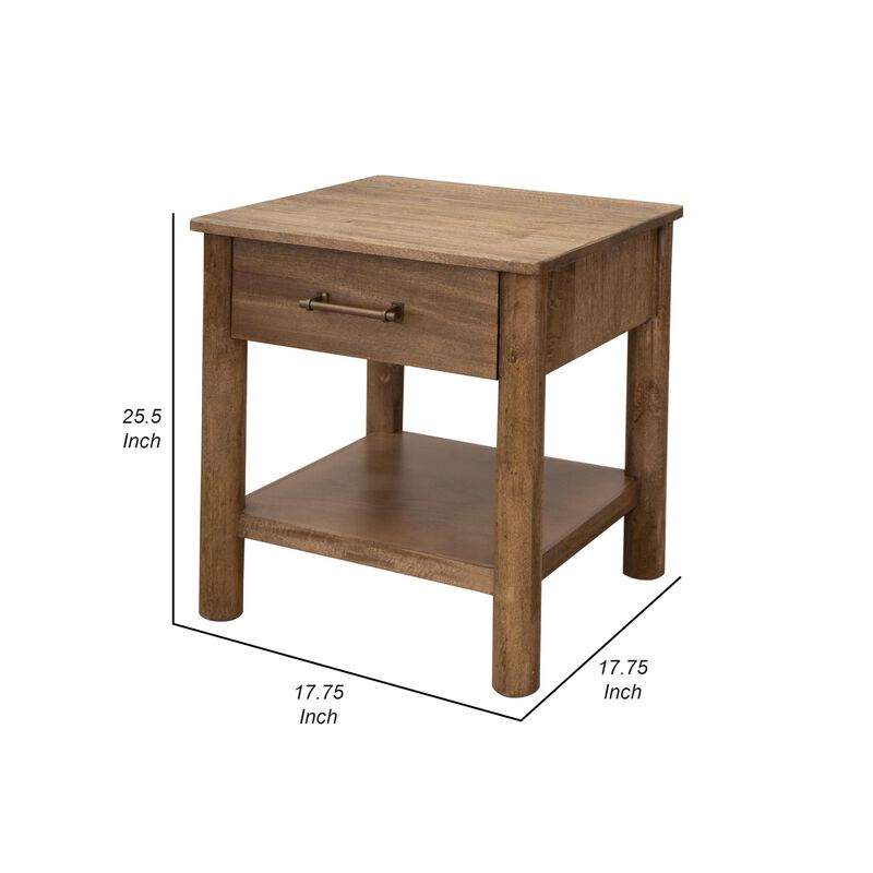 Benjara Olum 26 Inch Chairside Table, Drawer, Lower Shelf, Square Top, Wood, Brown and Gold