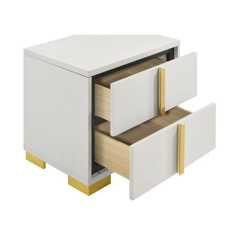 Dex 22 Inch Nightstand, 2 Drawers with Long Vertical Gold Handles, White - Benzara