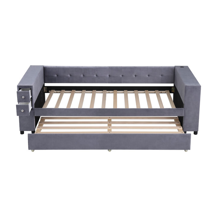 Merax Upholstered Bed with Trundle and USB Charging Ports