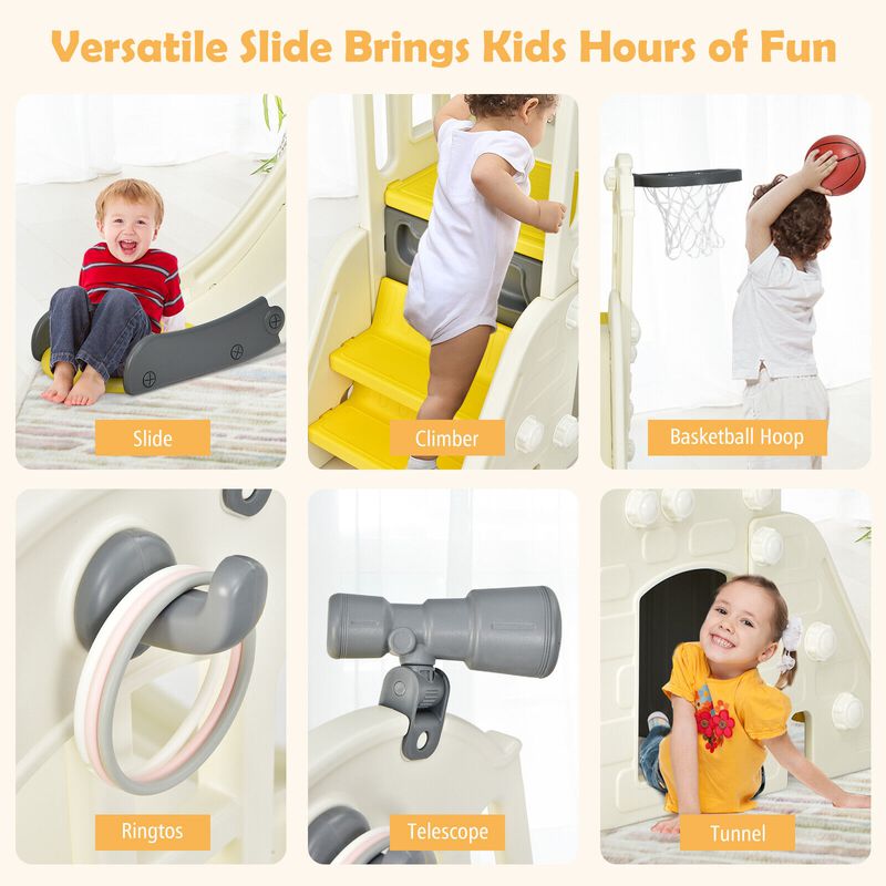 6-in-1 Toddler Climber Slide Playset with Basketball Hoop