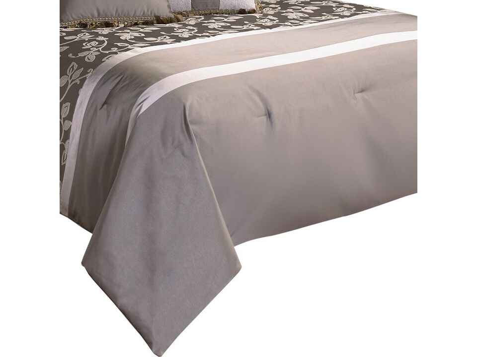 10 Piece King Polyester Comforter Set with Leaf Print, Platinum Gray - Benzara