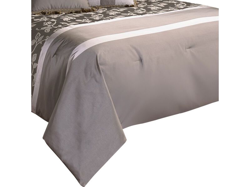 10 Piece King Polyester Comforter Set with Leaf Print, Platinum Gray - Benzara