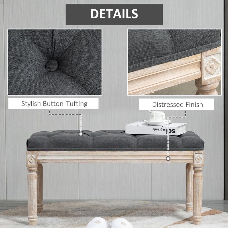 Grey Vintage Footrest: 15.75" Tufted Ottoman with Distressed Legs