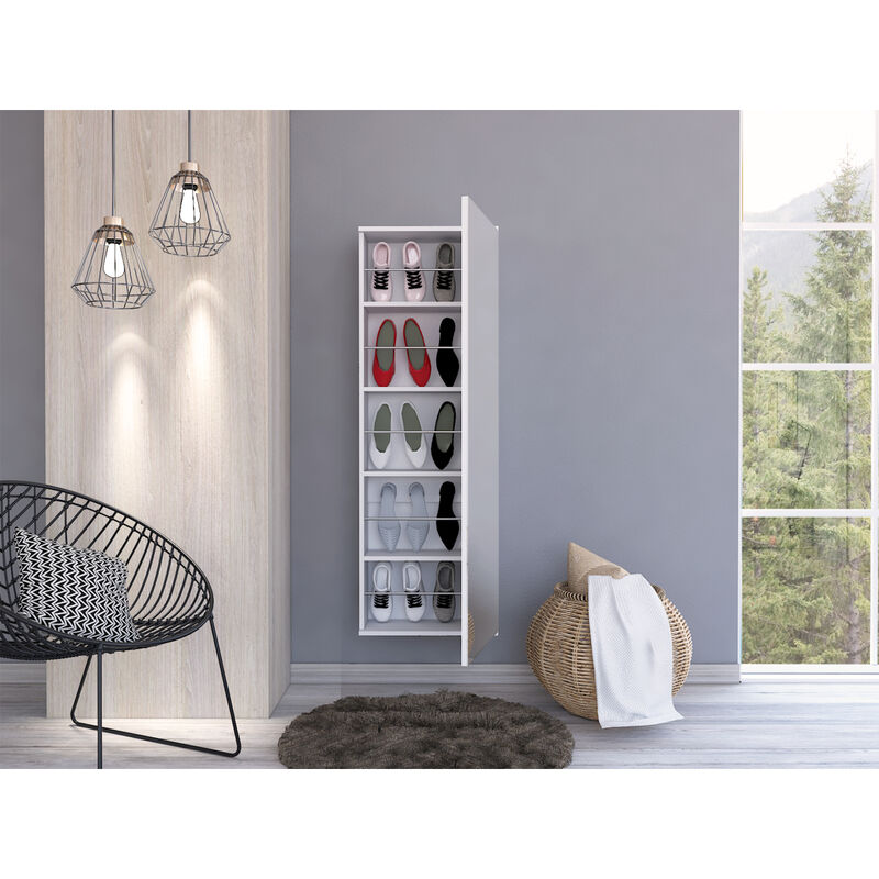 Leto Wall Mounted Shoe Rack With Mirror, Single Door, Capacity For Ten Shoes - White