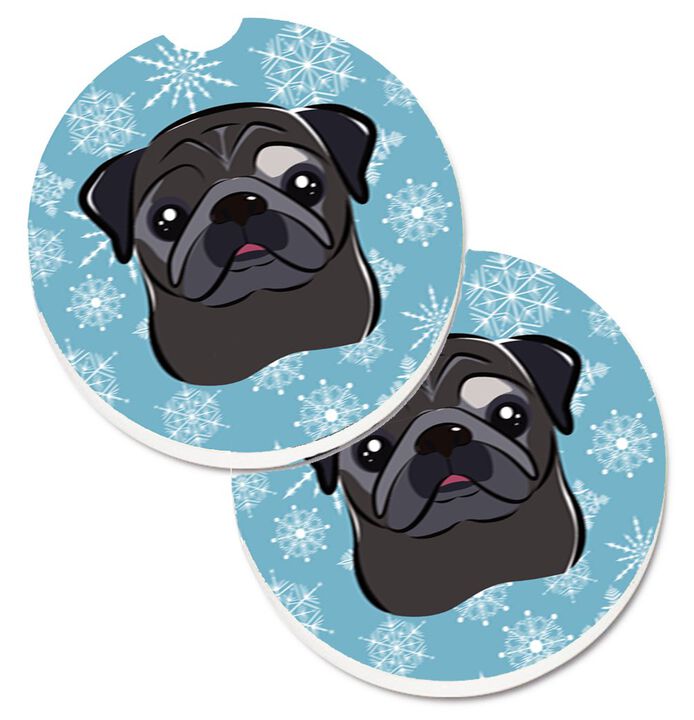 Caroline's Treasures Snowflake black Pug Set of 2 Cup Holder Car Coasters BB1697CARC, 2.56, Multicolor