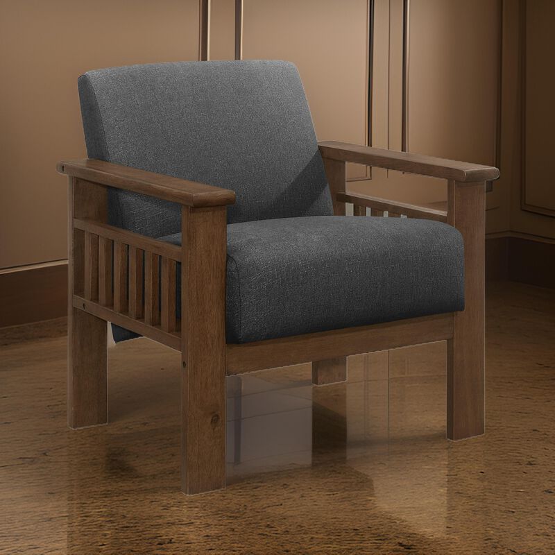 Bella 32 Inch Accent Chair Armchair, Storage Arms, Dark Gray, Solid Wood - Benzara
