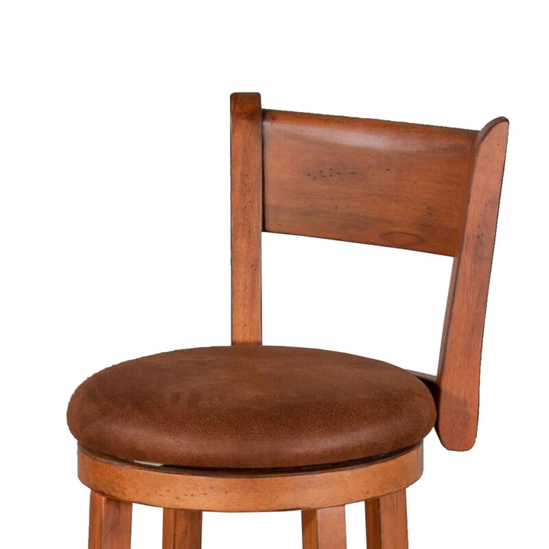 Marv Swivel Barstool Chair Set of 2, Brown Faux Leather, Mahogany Wood - Benzara