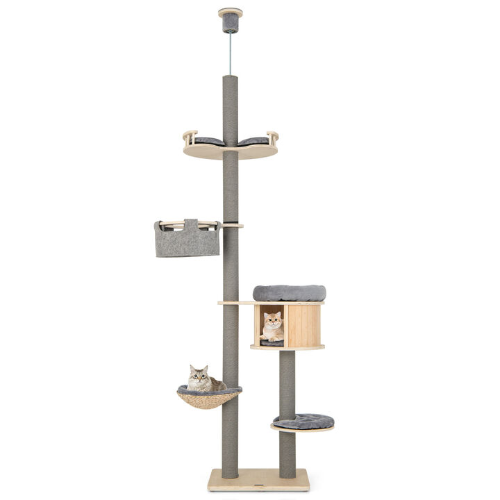 6-Tier Floor-to-Ceiling Cat Tree with Adjustable Height for Indoor Cats