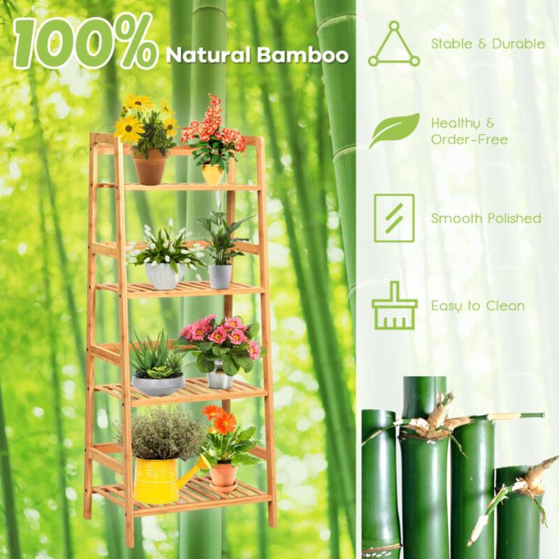 Hivvago 4-Tier Bamboo Plant Rack with Guardrails Stable and Space-Saving