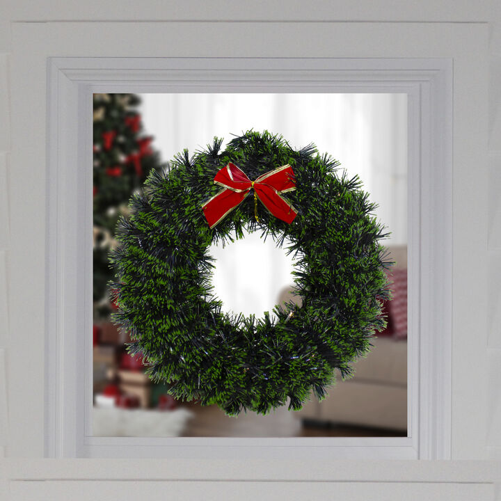 17-Inch Pre-Lit Green Tinsel Artificial Christmas Wreath with Bow - Clear LED Lights
