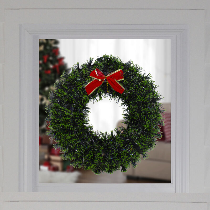 17-Inch Pre-Lit Green Tinsel Artificial Christmas Wreath with Bow - Clear LED Lights