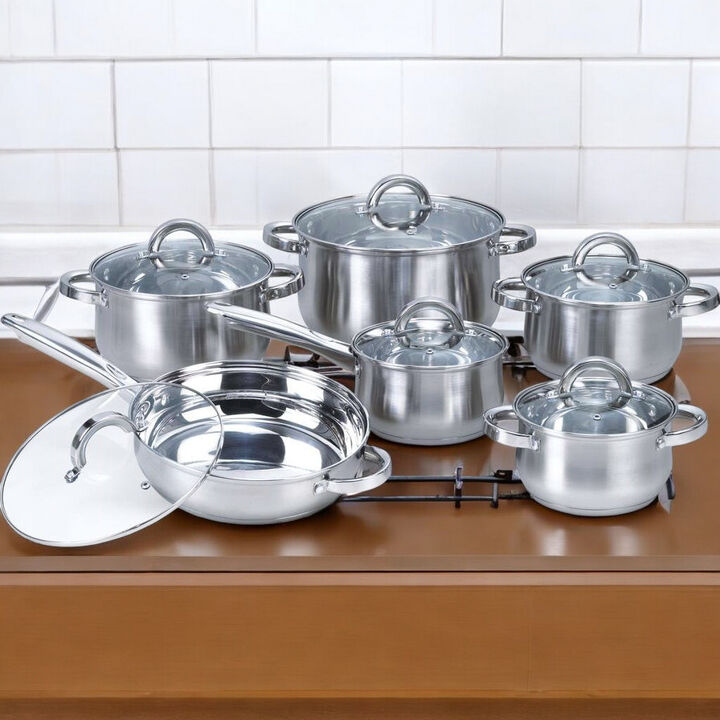 Premium 12-Piece Stainless Steel Cookware Casseroles, Saucepan & Skillet for All Stovetops