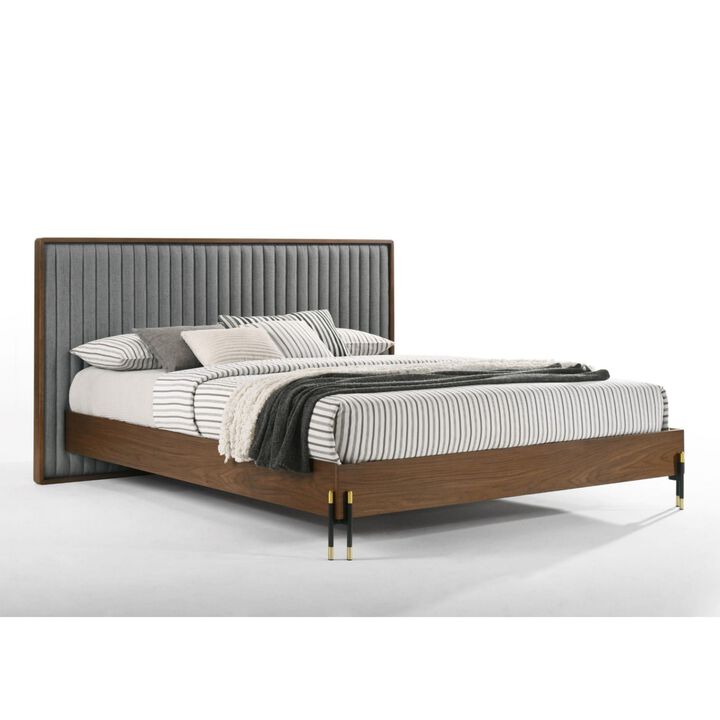 Noe Sia Queen Size Platform Bed, Channel Tufted Upholstery, Gray, Brown - Benzara