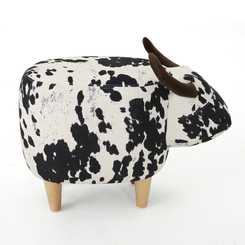 Massy Cow Kids Ottoman 25 Inches, Black, White Velvet, Light Brown Horn - Benzara