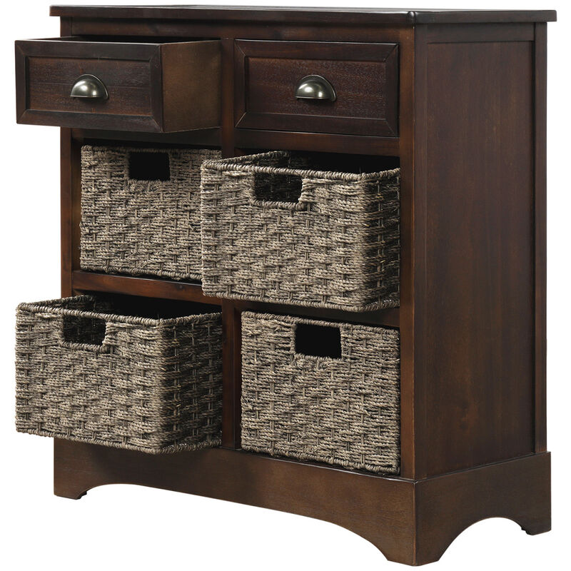 Rustic Storage Cabinet With Two Drawers And Four Classic Rattan Basket