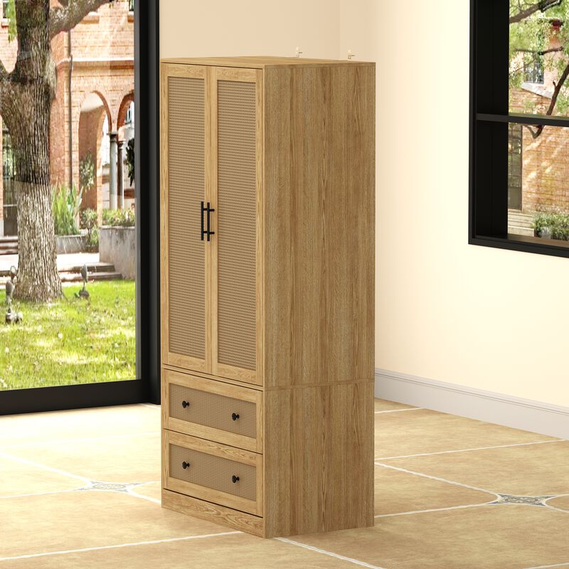 Brown Wooden Grain 31.4 in. Width Wooden Wardrobe, Armoire with 2-Tier Drawers and Hanging Bar