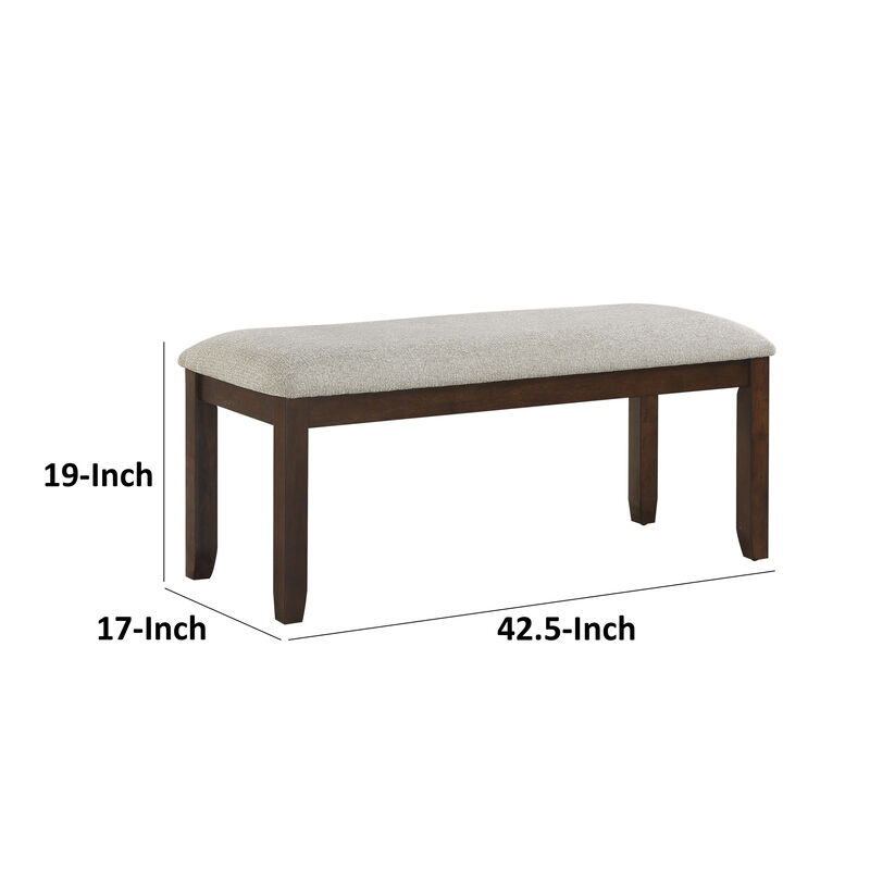 Humpty 43 Inch Bench, Gray Polyester Upholstery, Cherry Brown Solid Wood - Benzara