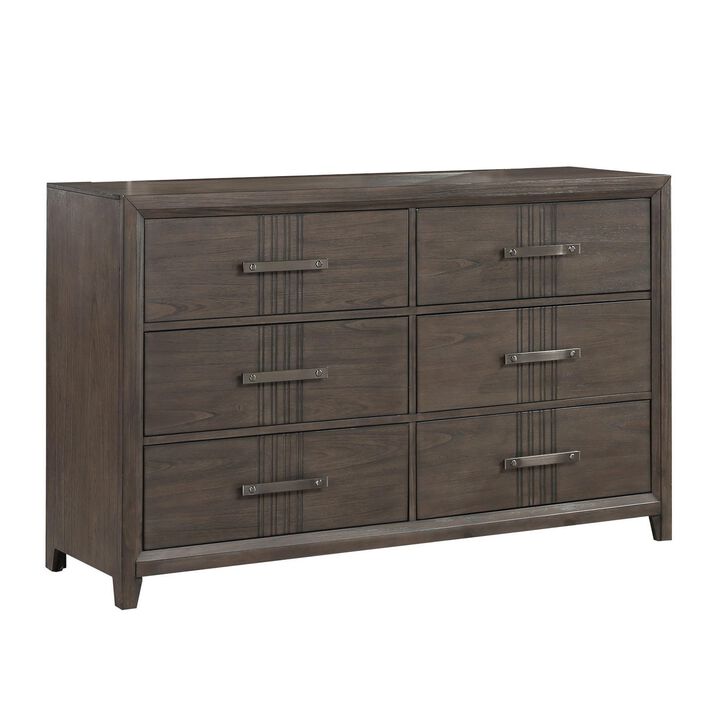 Benjara Brown Wali 62 Inch Dresser, 6 Drawer, Black Handles, Modern Walnut Finish