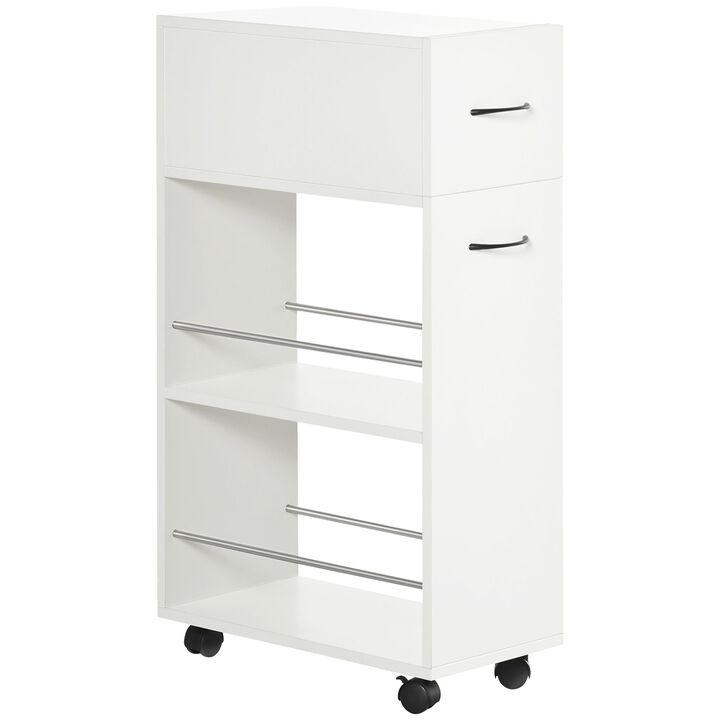 White Kitchen Helper: 3-Tier Slim Rolling Cart with Drawer & Shelves