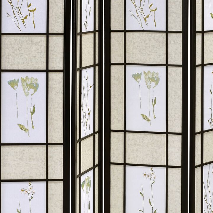 4 Panel Screen with Floral Print Detailing and Wooden Frame, Black-Benzara