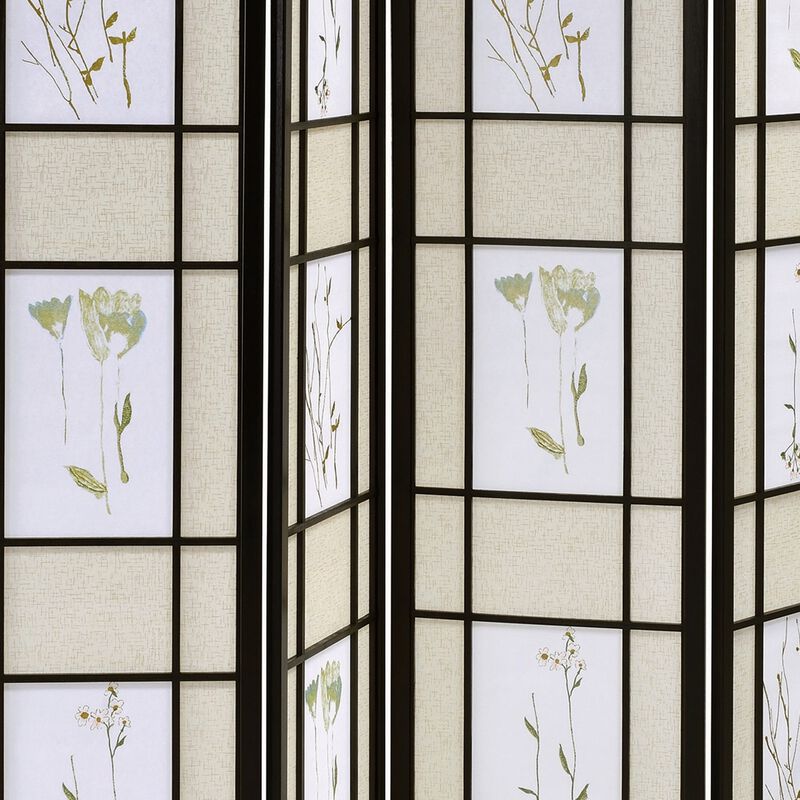 4 Panel Screen with Floral Print Detailing and Wooden Frame, Black-Benzara