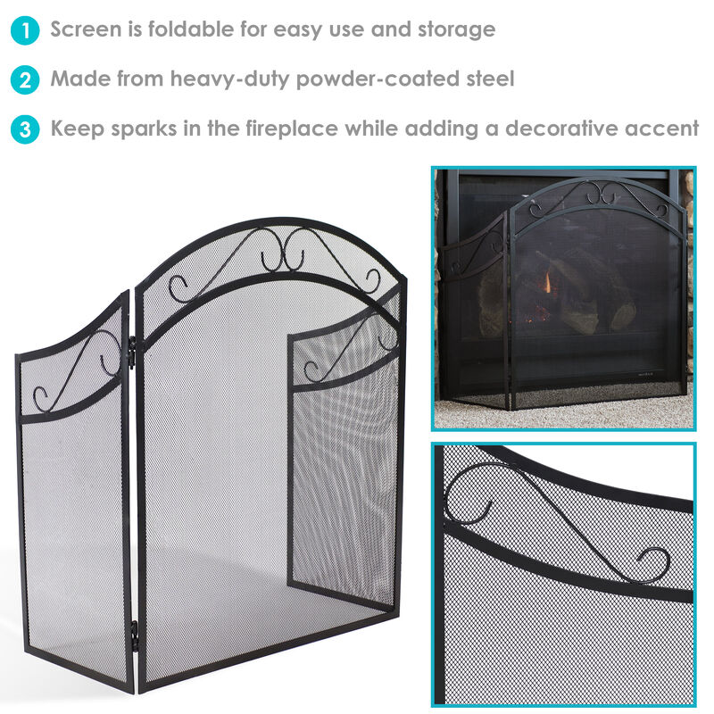 Sunnydaze 50 in Elegant Scroll Steel 3-Panel Fireplace Screen - Black