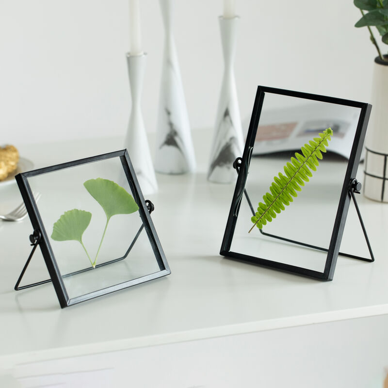 Modern Metal Floating Tabletop Square Photo Picture Frame with Glass Cover and Easel Stand, Black 4" x 4"