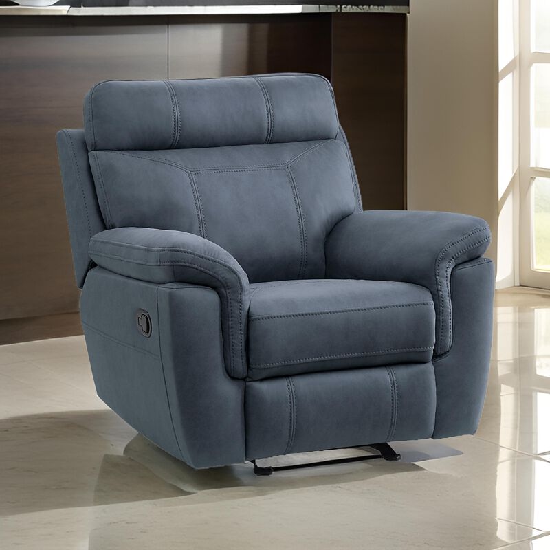 Clif 38 Inch Manual Glider Reclining Accent Chair, Blue Microfiber, Wood - Benzara