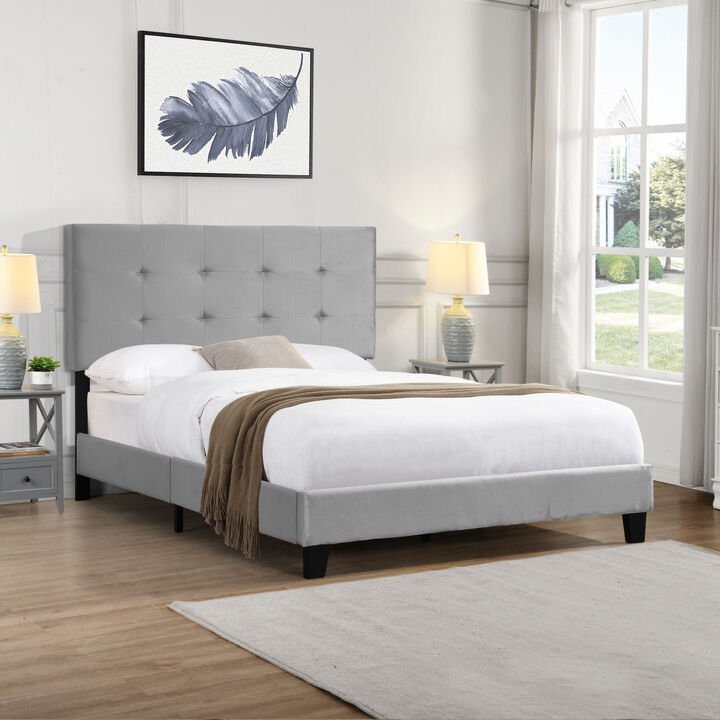 Full Size Upholstered Platform Bed Frame With Pull Point Tufted Headboard, Strong Wood Slat