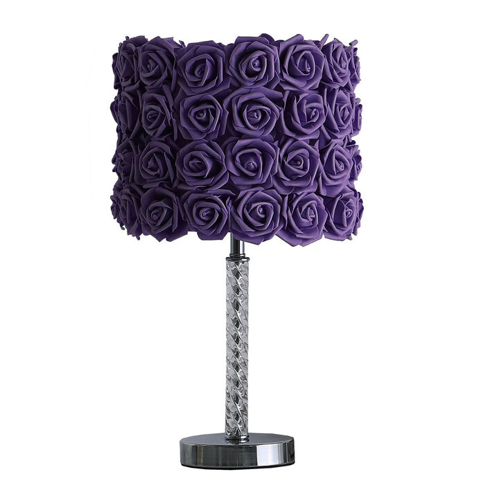 Bloom Roses Drum Shade Table Lamp with Twisted Acrylic Base, Purple-Benzara