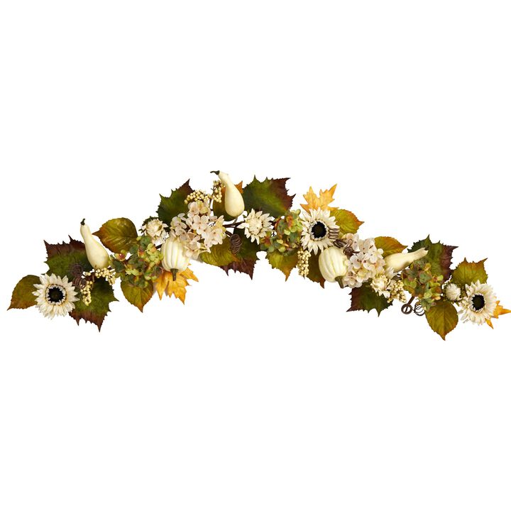 Hivvago 5" Fall Sunflower, Hydrangea and White Pumpkin Artificial Autumn Garland