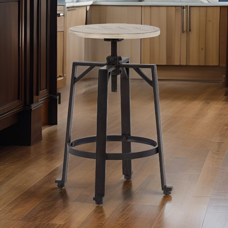 Xin 22-27 Inch Barstool, Set of 2, Adjustable Height, Light Brown, Black - Benzara