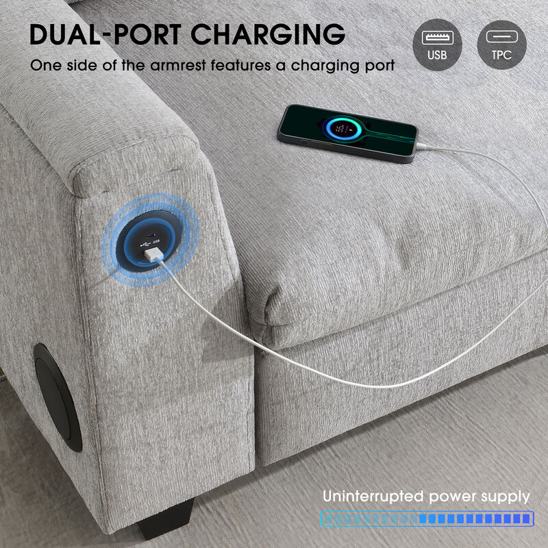96*35''Chenille Sectional Sofa with Bluetooth Speaker,Comfy Cloud Couch Set with Drop Down Table,Cup Holders,USB Charger,Storage Armrest,Wide Seat Sofa for Living Room,Apartment,Office