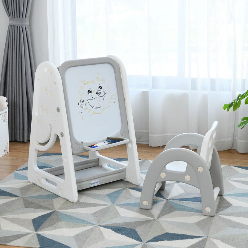 2-in-1 Kids Easel Desk Chair Set Book Rack Adjustable Art Painting Board