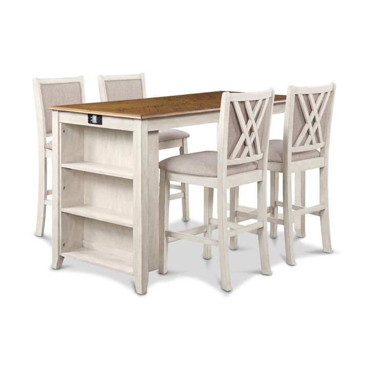 Han 60 Inch 5 Piece Counter Table Set with USB Ports, White and Brown - Benzara