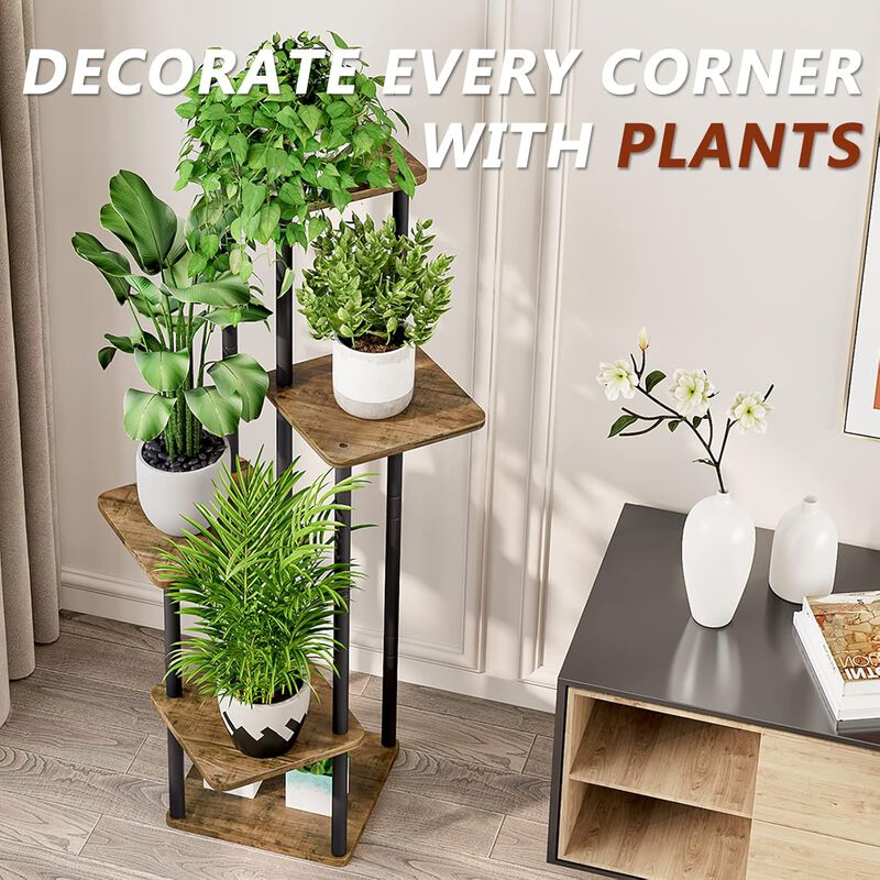 5 Tier-Black+Rustic Brown Shelving, Plant Stand, Interior Metal Flower Stand