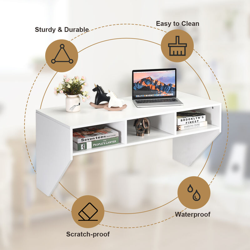 Wall Mounted Floating Computer Table Desk Home Office Storage Shelf White