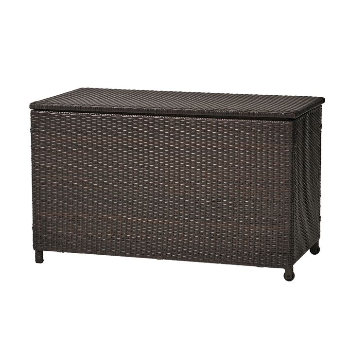 Laki Outdoor Storage Chest, Brown PE Rattan Wicker, Aluminum, 53 Inch - Benzara