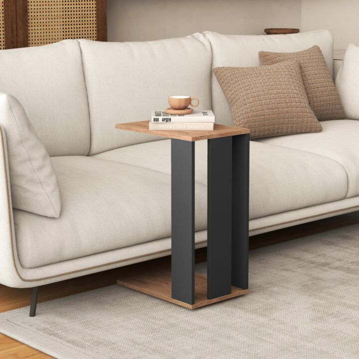 Hivvago 2-Tier C-Shaped Side Table with Universal Wheels and Shelf-Rustic Brown