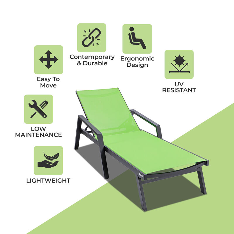 LeisureMod Marlin Patio Chaise Lounge Chair with Armrests – Black Aluminum Frame & Navy Blue Mesh for Outdoor Comfort