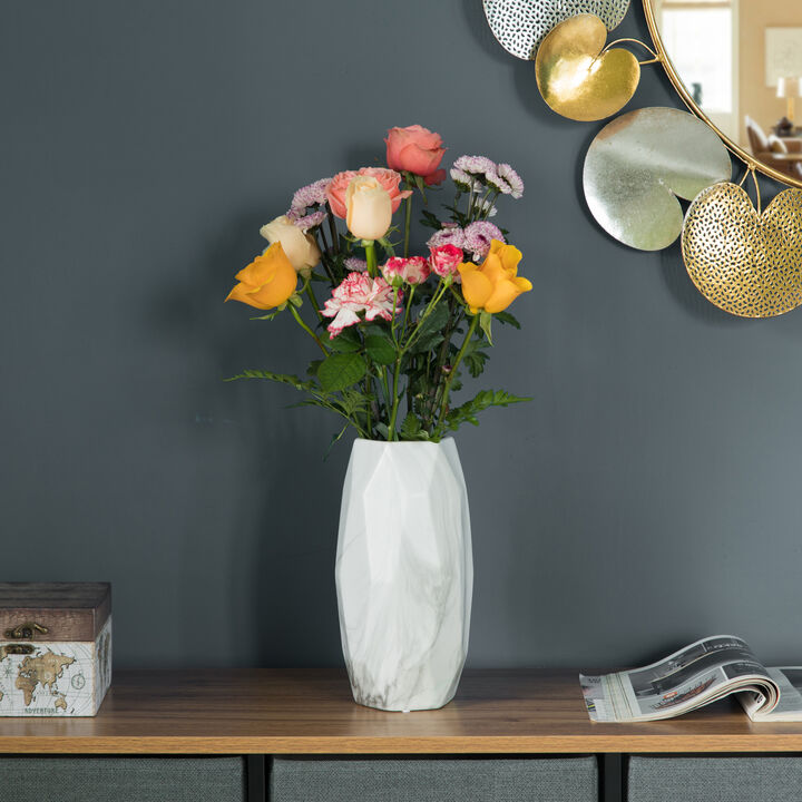 Contemporary Ceramic Marble Look Design Table Vase Geometric Flower Holder Decor, 9 Inch