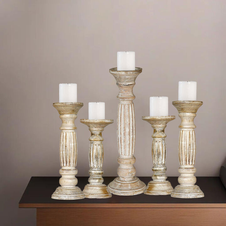 Traditional Antique White Eco-friendly Handmade Mango Wood Set Of Five 12",9",6",9" & 12" Pillar Candle Holder