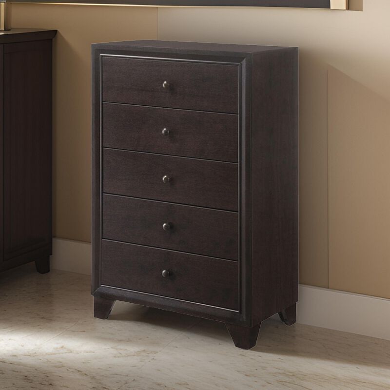 Wooden Chest with 5 Spacious Drawers  , Espresso Brown-Benzara