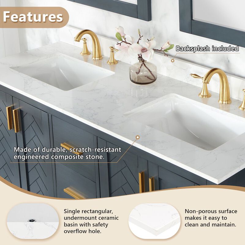 Altair Ceres 61 in. Engineered Stone Vanity Top in Grain White with Double White Sink