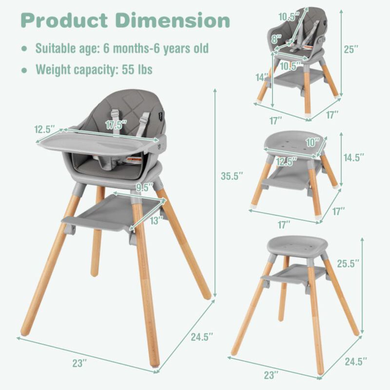 Hivvago 6 in 1 Convertible Highchair with Safety Harness and Removable Tray