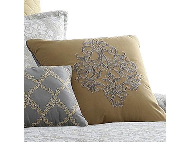 9 Piece King Polyester Comforter Set with Medallion Print, Gray and Gold - Benzara