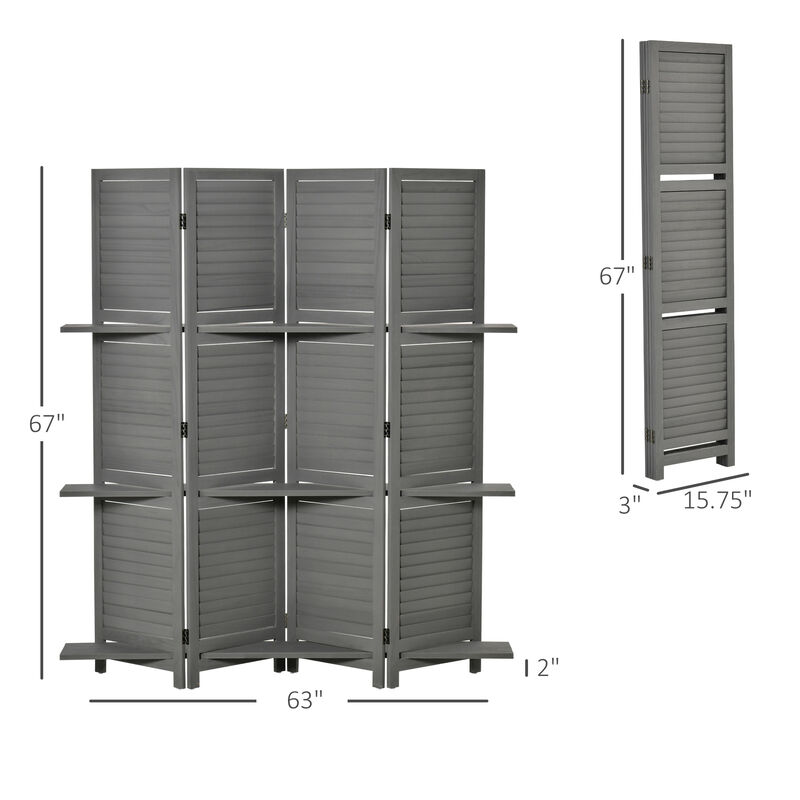 Wood Mobile Folding Privacy Screen Partition Wall Room Divider w/ Shelves Grey