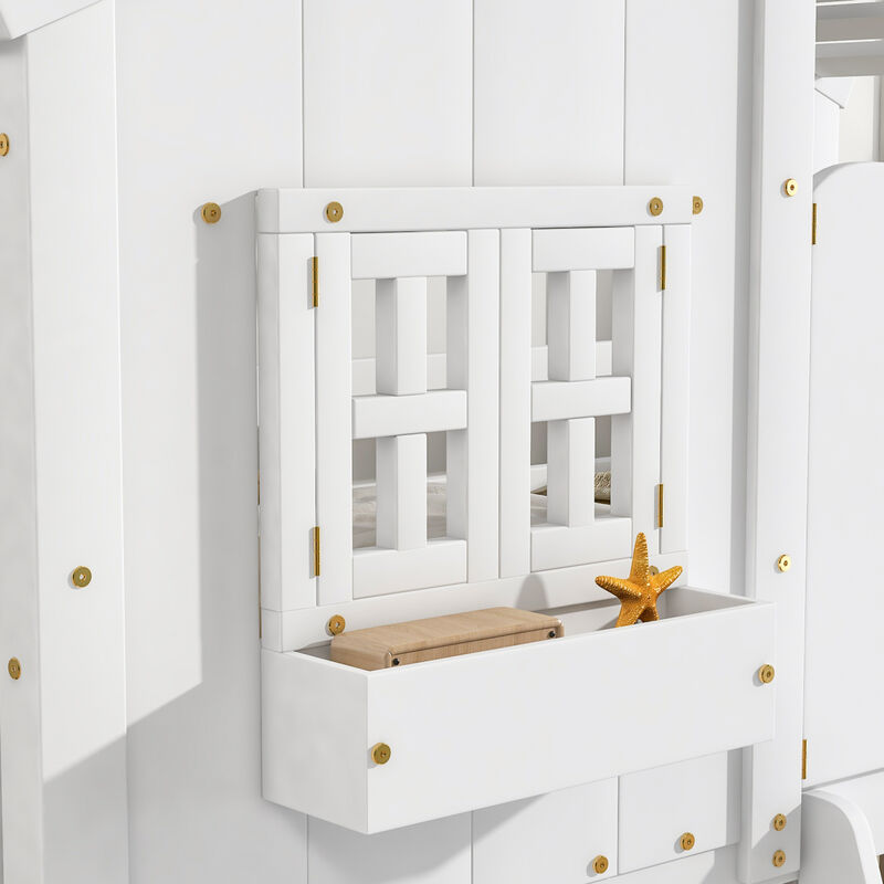 Twin Over Twin House Bunk Bed With Roof, Window, Window Box, Door, With Safety Guardrails
